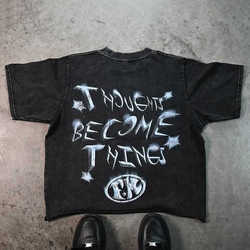 เสื้อยืดแขนสั้นวินเทจลายดาวพิมพ์ลายเฮลล์สำหรับผู้ชาย ยี่ห้อ Yingling ราคาโรงงาน ทรงโอเวอร์ไซส์ ผ้าหนา ดีไซน์เรียบง่าย สีพื้น - Product Image 3