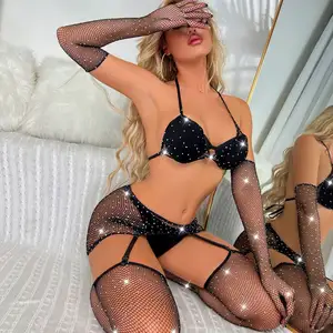 Fishnet örgü külot taklidi iki parçalı Babydoll gece kulübü kostümleri iç çamaşırı seti Chemise kıyafetler tanga fahişeler See Through