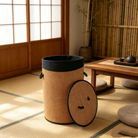 Panier à linge rond en bambou tressé avec couvercle et doublure, panier de rangement pour vêtements sales fait à la main pour la salle de bain et la chambre