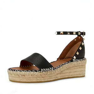 Sandales à talons compensés hauts pour femmes, en matériaux tressés, à bout ouvert, à bride unique, grande taille 45, coupe large, plateforme, avec rivets métalliques - Product Image 3