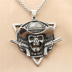 yunnique <b>Men's</b> Stainless Steel Skull Pendant Necklace With Cowboy Hat And Guns Retro Geometric Design 190141 - Product Image 1