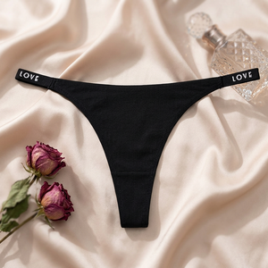 Black Ribbed Knit Women Thong Panties LOVE Letter Printed <b>Elastic</b> Waistband Low Rise Seamless Ladies G <b>String</b> Underwear OEM ODM - Product Image 2