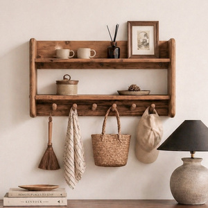 Étagère murale en bois naturel à deux niveaux, en bois massif, pour la cuisine, le salon, style rustique rétro - Product Image 2