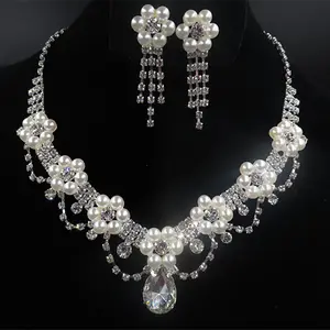 High quality Pearls Bridal jewelry set Rhinestones necklace and earrings set Wedding jewelry set XL028