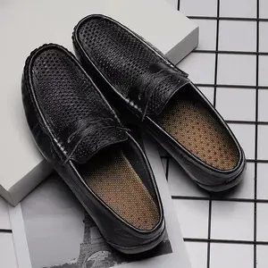 Men leather shoes breathable summer new arrival American slip-on fashion solid color flat soft sole wholesale casual loafers