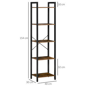 HOMCOM <b>Industrial</b> Style 5-Tier <b>Bookcase</b> in Wood and Steel, 40x30x154cm, Rustic Brown - Product Image 3