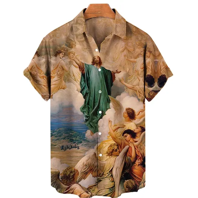 2024 3D estampado Jesús patrón hombres camiseta hawaiana moda High Street suelta hombres camisa ropa Streetwear