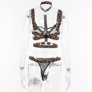 Fashion Hanging Neck Leopard <b>Black</b> Mesh See-Through Bra Thong Three-Piece Set Sexy Lingerie for Women - Product Image 6