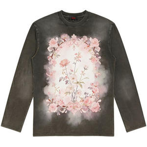 Haut à manches longues gris foncé délavé vintage avec un imprimé floral rétro élégant, motif romantique de pivoine et de <span class=keywords><strong>rose</strong></span>, streetwear - Product Image 2