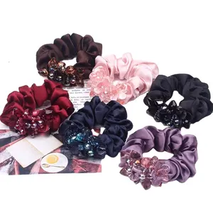 Wholesale Women Hair Accessories Large Crystal Rhinestone Beads Satin Scrunchies for Women