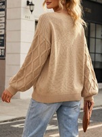Pull en tricot torsadé à col en V et manches longues pour femme, style vintage, coupe ample, manches lanternes, idéal pour un look décontracté au quotidien