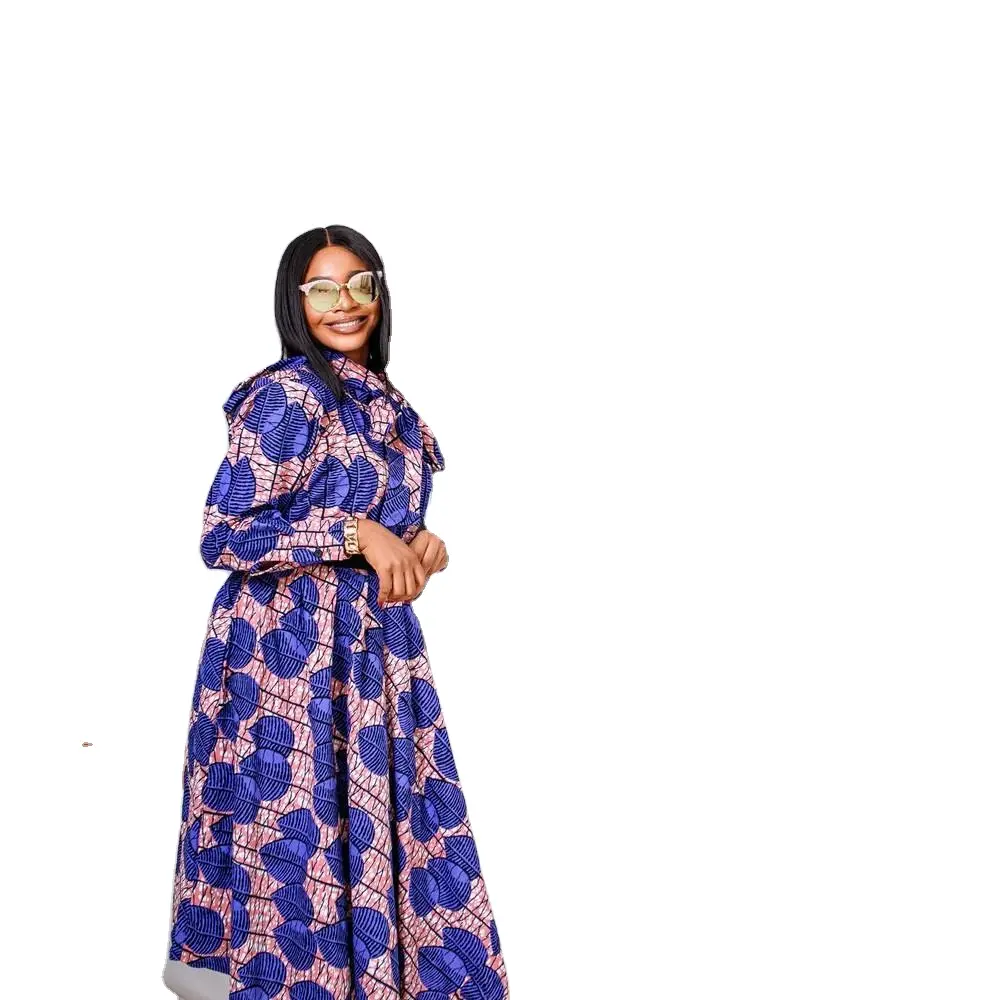 2023 güz giyimi moda afrika baskı uzun kollu yüksek bel kabarık yay boyun Midi elbise afrika artı boyutu elbise