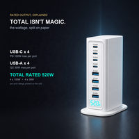 Chargeur GaN 8 ports 520W, hub de bureau avec écran, PD3.0 PPS QC3.0 SCP, alimentation intelligente, 8 appareils, UKCA
