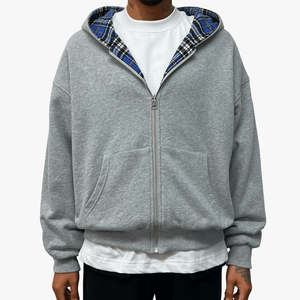 Vente en gros de sweats à capuche zippés pour hommes, épais, coupe oversize et carrée, double couche, réversibles, à carreaux - Product Image 2