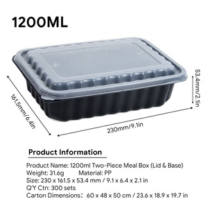 Contenedor de Alimentos Desechable Apto para Microondas, de PP, 1200 ml, Rectangular Negro, con Tapa, Caja de Plástico para Preparación de Comidas, Plato Bento para Llevar - Product Image 2