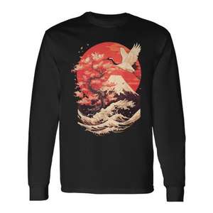 Camiseta de manga larga con diseño de ondas del Monte Fuji y flor de cerezo japonesa - Product Image 1