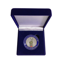 Boutons de manchette Pince à cravate Boîtes Velours Bleu Coin Box Médaille Badge Emblème Cadeau Boîte Épinglette Paquet