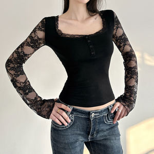 Top de manga larga con cuello cuadrado y patchwork de malla estilo oscuro para mujer, ajustado y transparente, a la moda - Product Image 2