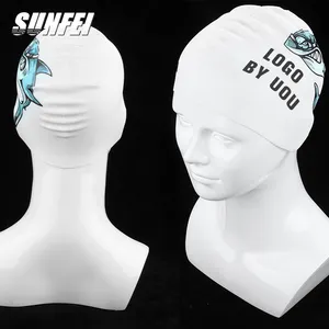 Sunfei बच्चे बच्चे निविड़ अंधकार तैरने टोपी के लिए 100% सिलिकॉन काले डिजाइन कस्टम मुद्रित तैरना कैप्स महिलाओं तैरना लंबे बाल