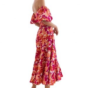 Custom OEM Women's Summer Casual <b>Dresses</b> 2025 Spring Summer Puff Sleeve Square Neck A-line Flowy Boho Floral Smocked Midi <b>Dress</b> - Product Image 4