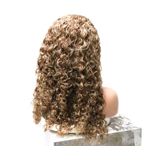 VMAE <span class=keywords><strong>Perruque</strong></span> mi-tête en cheveux humains naturels bruts, style <span class=keywords><strong>Afro</strong></span> Kinky Deep Curly Birman, avec mèches Balayage Blond Miel, à raie en U et V, pour femmes noires - Product Image 2