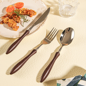 304 Stainless Steel <b>Knife</b> <b>Fork</b> <b>Spoon</b> <b>Set</b> With Wood Handle Dishwasher Safe For Catering Western Restaurant Use - Product Image 2