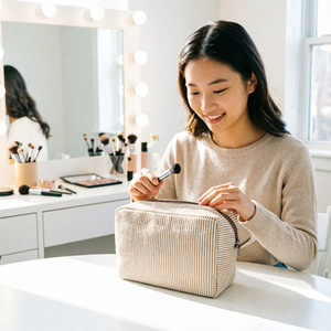 Bolsa de Cosméticos Personalizada de Tela Seersucker, Bolsa de <span class=keywords><strong>Maquillaje</strong></span> Portátil de Poliéster con Rayas para Mujer - Product Image 4