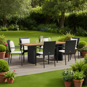 <b>Black</b> Poly Rattan Garden Dining Set 6 Seater Teak Top Steel <b>Frame</b> Contemporary Outdoor Furniture - Product Image 2