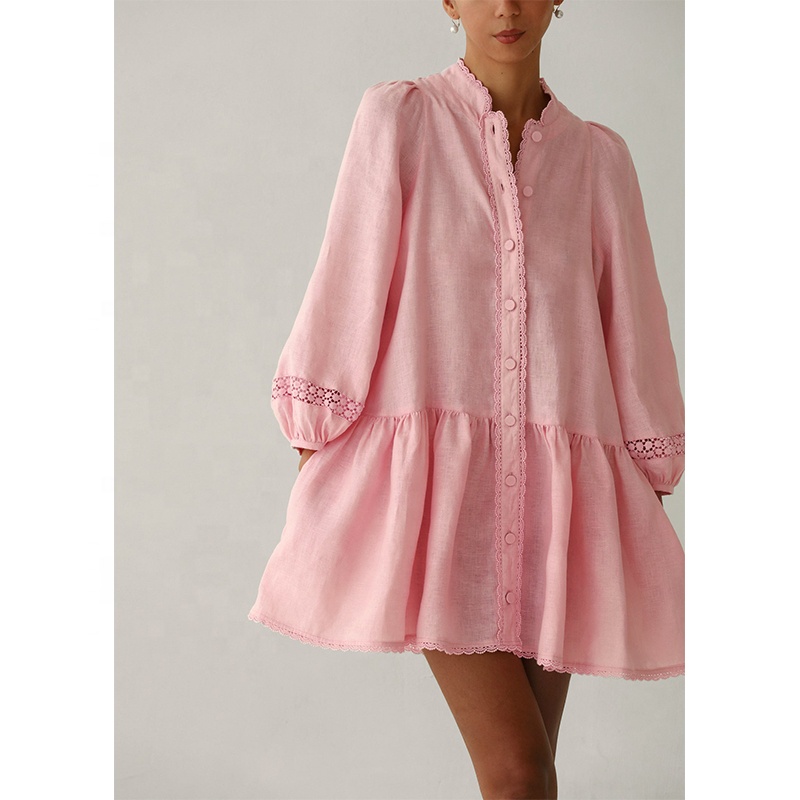 BAOLA Women Linen Dress Contrast Lace Detailing Linen Covered Buttons Side  Pockets Stand up Collar 100% Linen Smocked Mini Dress| Alibaba.com