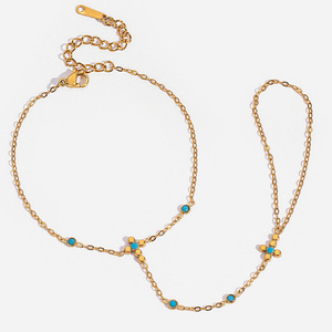 Bracelet en acier inoxydable plaqué or 18 carats avec motif croix turquoise bleue pour cadeau bijoux - Product Image 1