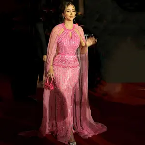 ASA-SS63 élégant rose vif O-décolleté sirène robe de soirée longue Cape perles robe de soirée formelle pour les femmes