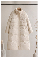 Damen-Daunenjacke aus 100% Schafsleder, Langer Gerader Wellenförmiger Gesteppter Mantel mit Hohem Stehkragen & Taillendetail