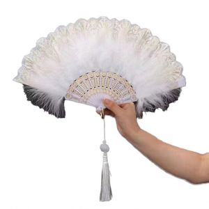 Elegante Abanico Plegable de Encaje con Plumas para Baile, Hecho a Mano, Estilo Antiguo, de Plástico, Duradero, Clásico, para Fiestas - Product Image 1