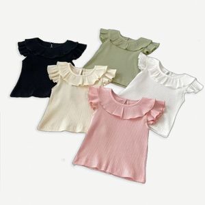 Mùa Hè Mới Cô Gái Bay Tay Áo Tops Ruffle Cổ Trẻ Sơ Sinh Rắn Colour T-Shirt Mỏng Quần Áo Trẻ Em - Product Image 1