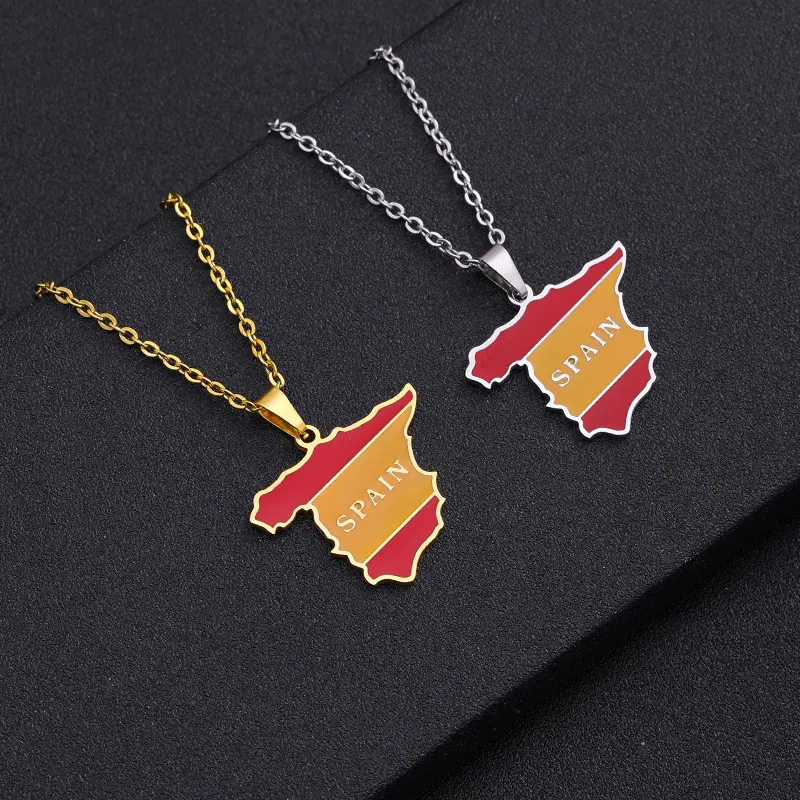 Hot Selling Stainless Steel Drop Oil Spain Map Pendant Necklace Geometric Ethnic Jewelry Wholesale