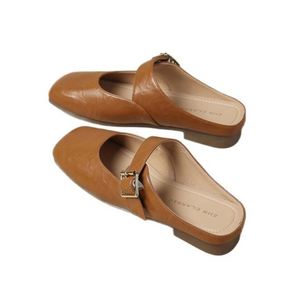 Mules pour femmes en cuir d'agneau véritable vintage français, bout fermé, plates, confortables, pour l'extérieur - Product Image 2