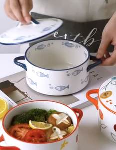 Bol à soupe à double oreille, bol à nouilles instantanées couvert de céramique, dortoir pour étudiants - Product Image 2