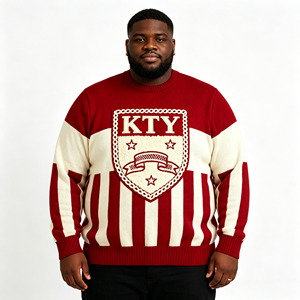 Wholesale Striped Greek Fraternity Knit Sweater Cream Star Shield Fleece Patch Graphic <strong>Oversized</strong> Men Frat Casual Crew <strong>Jumper</strong> - Product Image 1