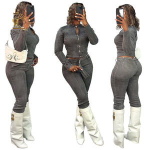 Ensemble 2 pièces en jean pour femme, style vintage, respirant, coupe classique, imprimé plissé, couleur personnalisée - Product Image 1