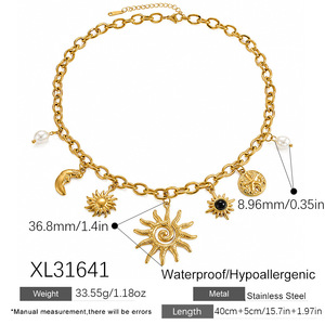 SUMMLY Collier Vintage Plaqué Or 18K en Acier Inoxydable avec Pendentif <span class=keywords><strong>Soleil</strong></span>, <span class=keywords><strong>Lune</strong></span>, Étoile de Mer <span class=keywords><strong>et</strong></span> Perle, Chaîne Trombone, Bijoux Tendance - Product Image 3