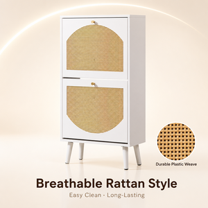 Meuble à chaussures blanc chic en <span class=keywords><strong>rotin</strong></span> avec deux tiroirs rabattables et pieds en bois pour l'entrée - Product Image 2