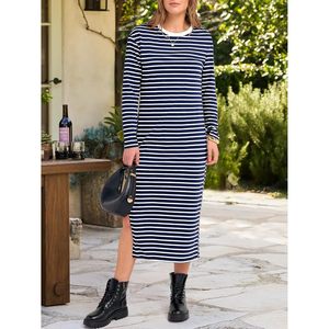 Robe midi à manches longues pour femme, col rond, rayée, coupe ample avec fente latérale, tenue décontractée pour les vacances, robe en tricot respirante - Product Image 2