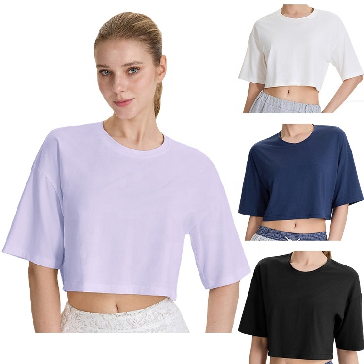 Summer Custom Logo Yoga T-Shirt Spandex Cotton Women's Loose Breathable Cropped Sleeveless Crew Neck Workout for Running & Gym