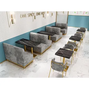 Muebles nórdicos modernos personalizados para restaurante, conjunto de mesa de comedor y sillas de Metal para cafetería, cabina de sofá de terciopelo