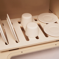 UBM Cream Wooden Dishwasher Play Set Rak Piring Dua Kenop Ikon ECO Piring/Cangkir Putih Panel Kontrol Jendela Mainan Anak 3+ Tahun