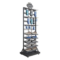 Idées de vente au détail modernes chaussures chaussettes marque boutique métal multi-usage suspendu rotatif présentoir à chaussures avec roues