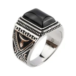 Black obsidian ring vintage mens ring with natural stone fine jewelry men rings jewelry 925 sterling silver lot