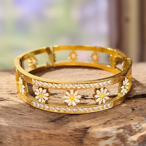 Fashion Bangle 316L Stainless Steel PVD Gold Plating With <b>Daisy</b> Design And Crystal Accents For Women - Product Image 3
