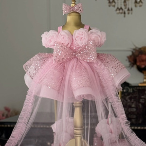 Vestido Mini de Tul con Tirantes Finos para Niñas, Cola Larga, Diadema con Lazo de Lentejuelas a Juego, Disfraz para Boda, Cumpleaños, Concurso, Actuación - Product Image 5
