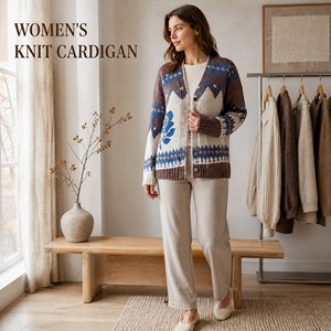 Cardigan en laine vintage pour femme, motif jacquard rose, col en V, boutonné, tricoté, motif géométrique Fair Isle, pour femme, décontracté, quotidien, OEM - Product Image 2